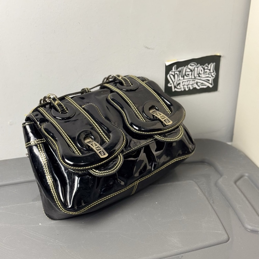 Fendi Black Patent Shoulder Bag with Yellow Accent Stitching
